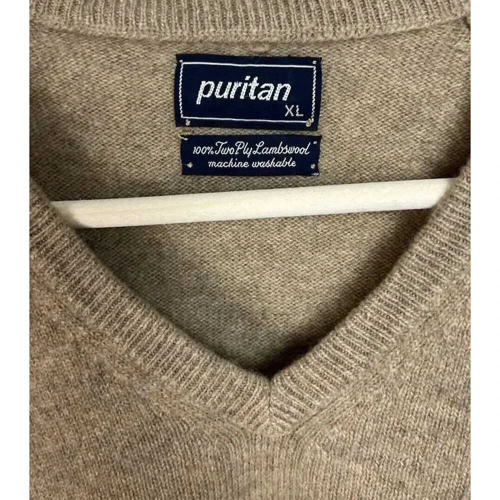 Vintage Puritan 100% Two Ply Lambswool Tan V-Neck Sweater Size XL Men’s
